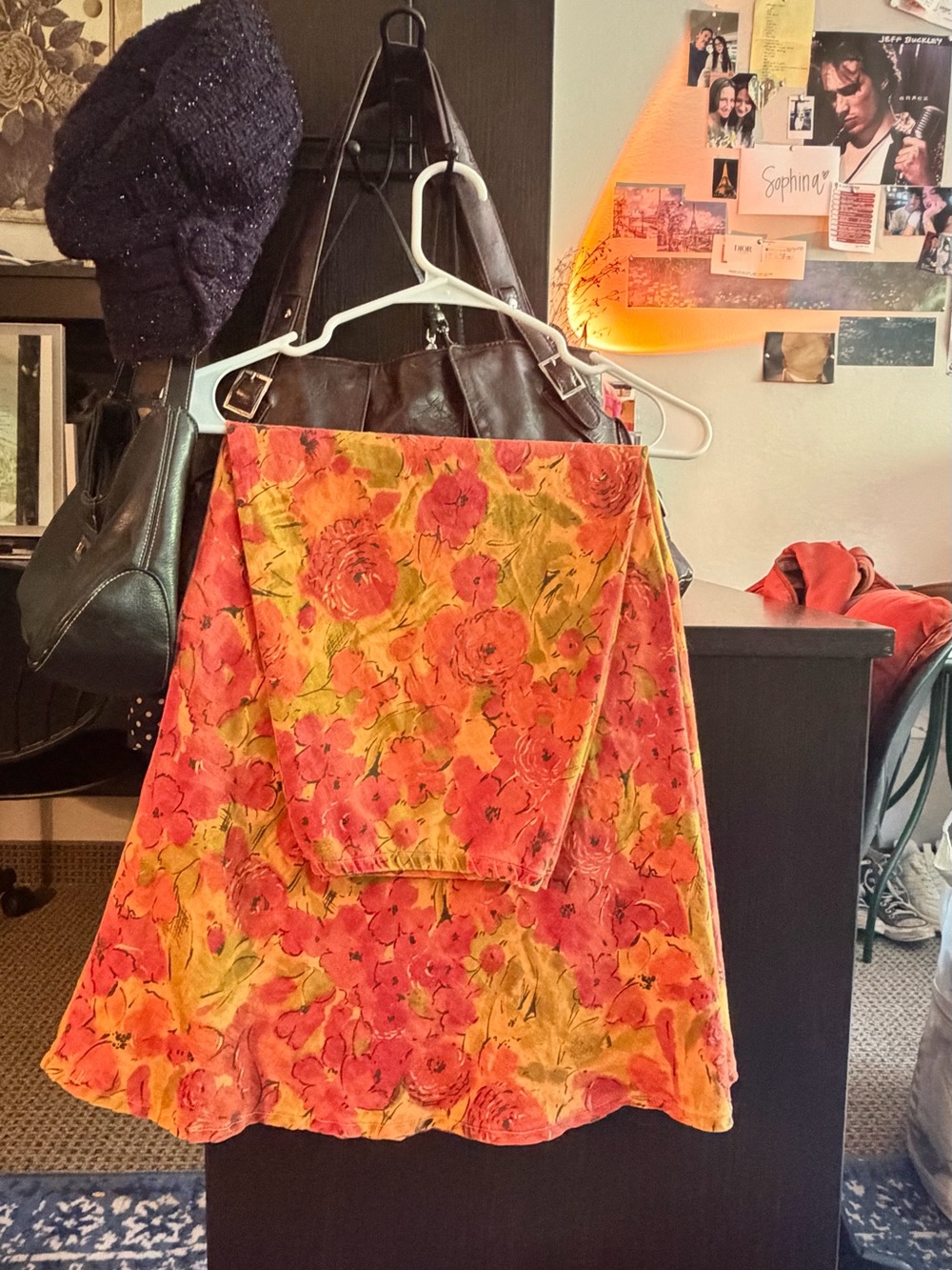 Velvet Floral A-Line Skirt - Pink & Orange